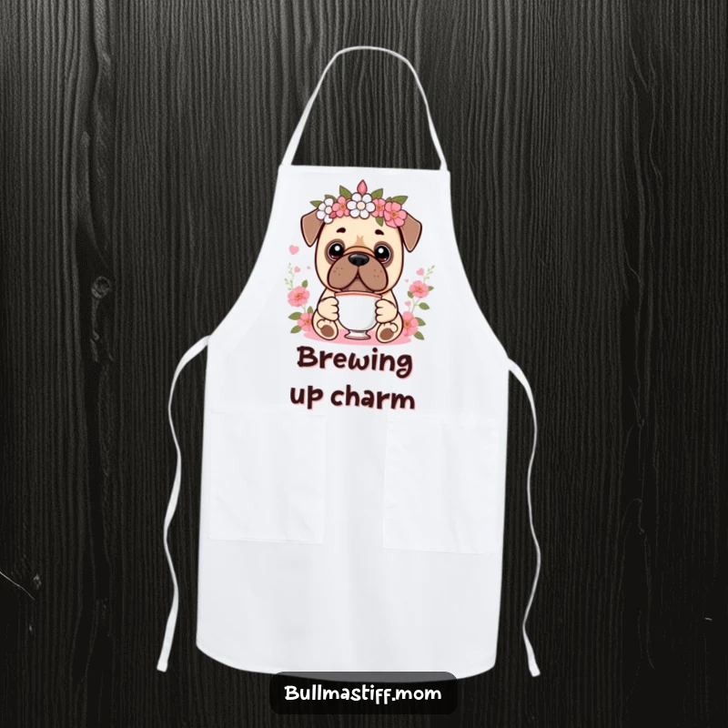 Funny Kawaii Bullmastiff Apron showing a cute dog wearing a floral crown and holding a teacup, adding humor and elegance to kitchen activities.