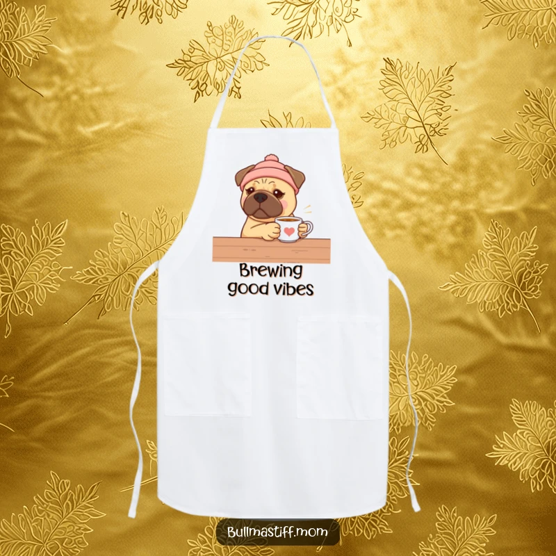 Funny Bullmastiff kitchen apron, a dog in a warm hat offering tea, ideal for baking and cooking.