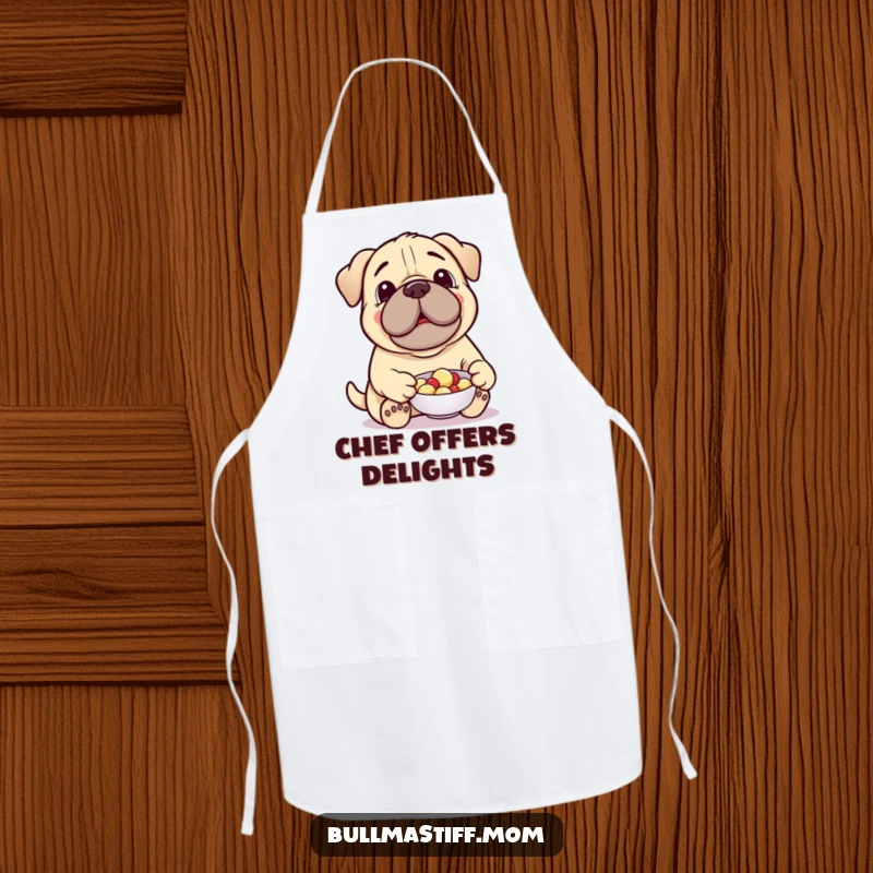 Funny Treat-Giving Bullmastiff Apron: A cheerful Bullmastiff offers a treat while you cook, adding generous humor to your kitchen.