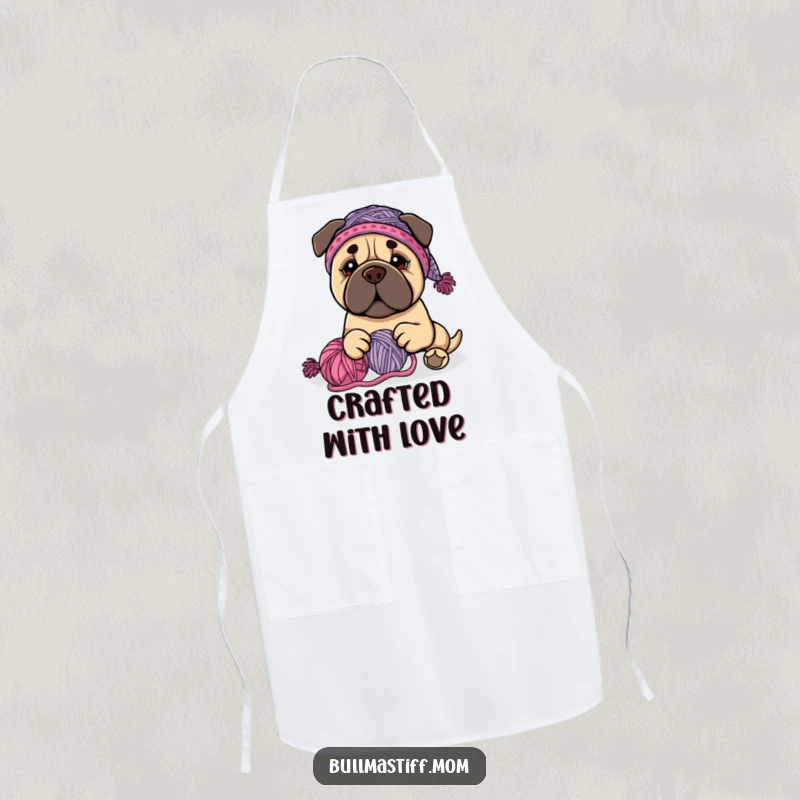 Funny Bullmastiff dog wearing a knit hat, happily playing with yarn, on a practical kitchen apron, a funny gift.