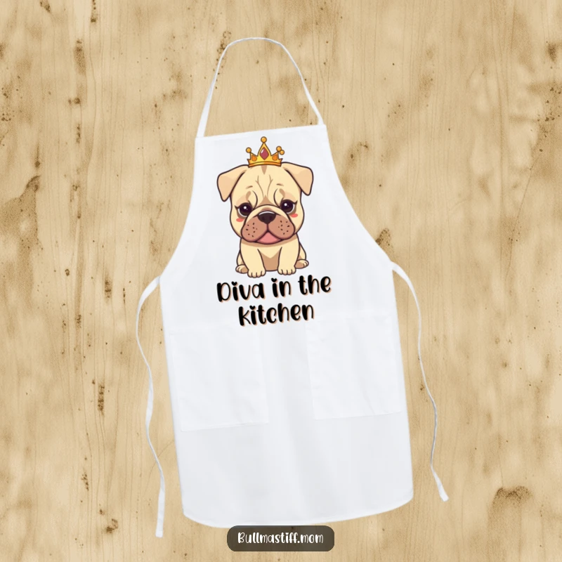 Funny Tiarad Bullmastiff apron with a dog wearing a small tiara, exuding calm elegance, perfect for glamorous cooking.