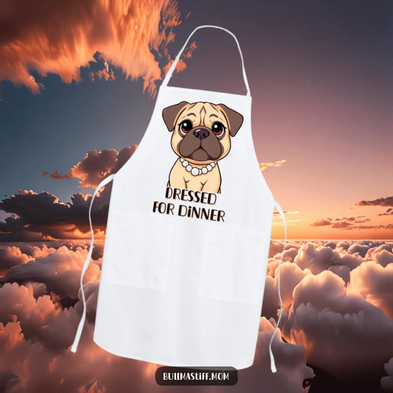 Funny Bullmastiff Apron showing a large dog with kind eyes wearing a pearl necklace, adding gentle humor to kitchen activities.