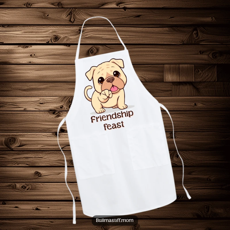 Funny Bullmastiff apron showing a happy dog with a wagging tail offering its paw for a handshake. Friendly kitchen gift.