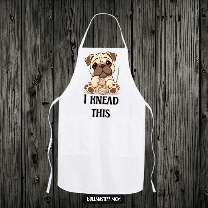 Funny Bullmastiff apron depicting a dog with oversized paws comically getting tangled while playing with a ball of yarn.