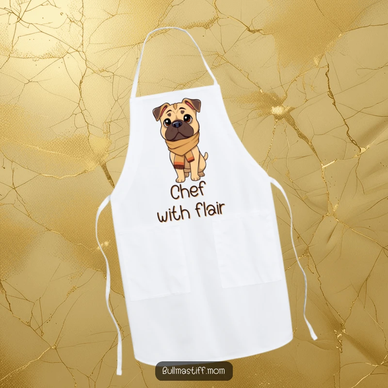 Funny Bullmastiff character wearing a stylish scarf, looking sophisticated while ready to assist in the kitchen.