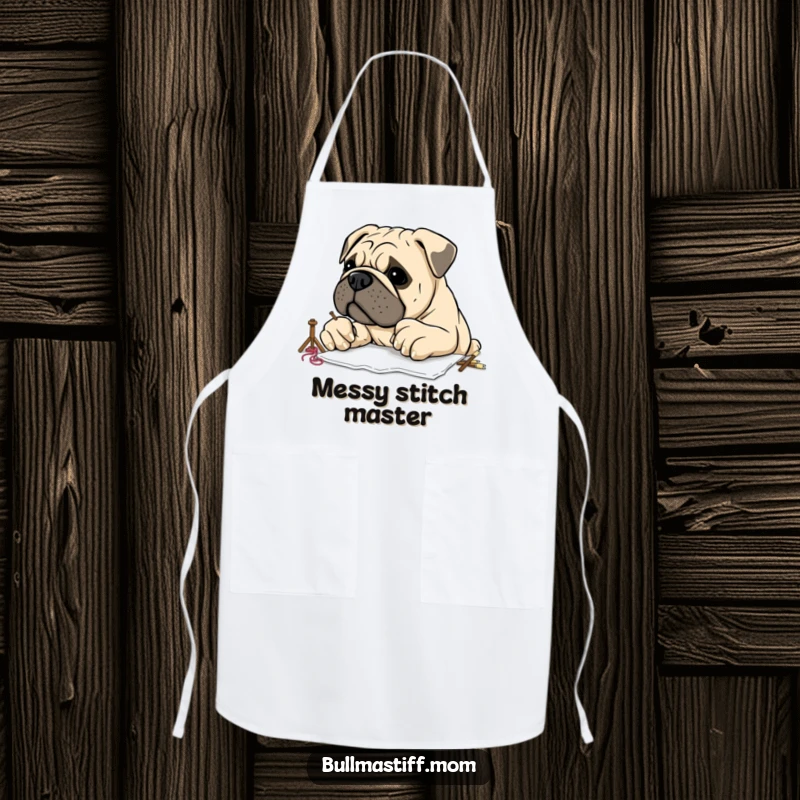 Funny Bullmastiff with large, clumsy paws attempting embroidery, printed on a kitchen apron, perfect for humorous crafting sessions.