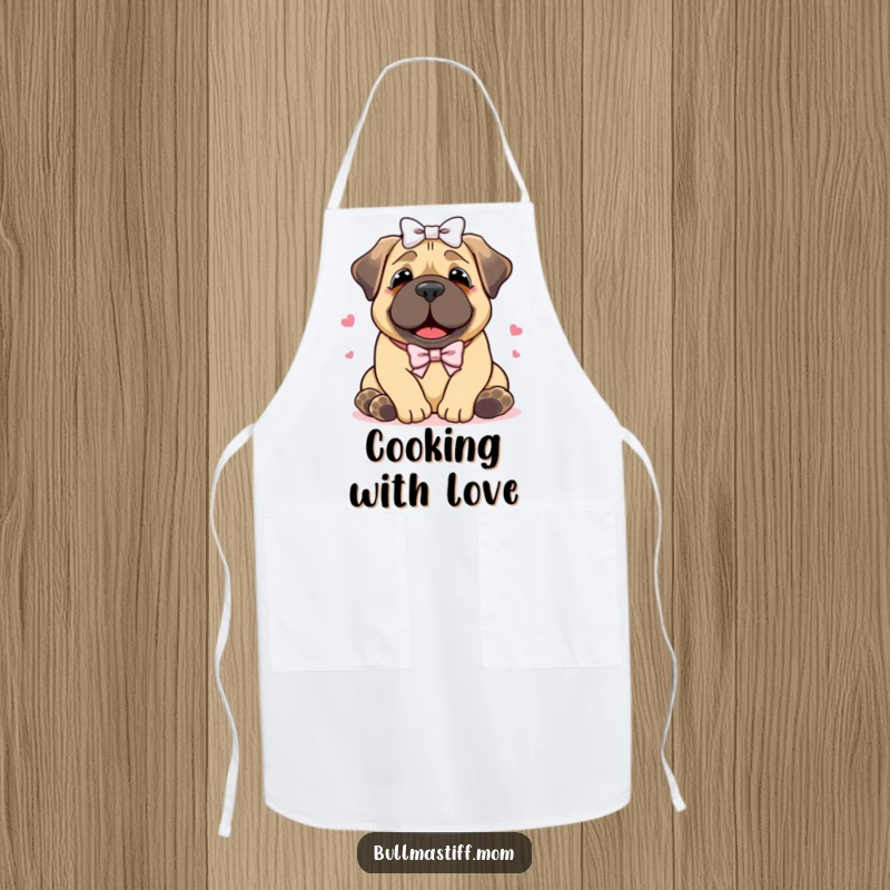 Funny Bullmastiff apron featuring a happy dog with a bow enjoying a hug, perfect for kitchen duties and dog lovers.