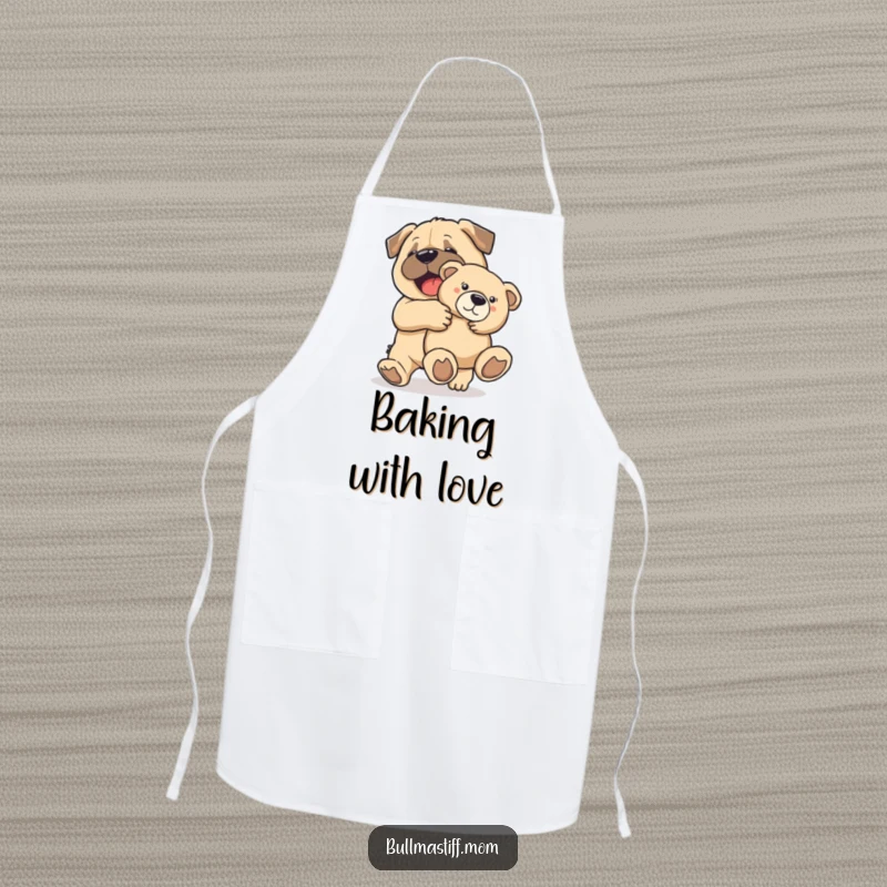 Funny Bullmastiff character joyfully carrying a teddy bear, on a practical apron for spreading happiness.