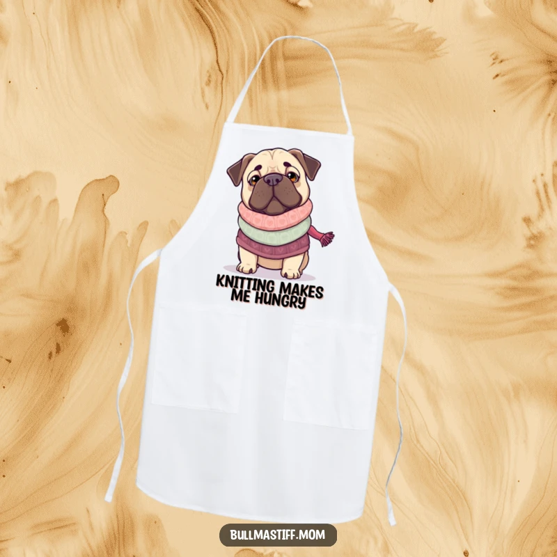 Funny Bullmastiff wearing a sweater, holding knitting needles, a humorous apron for kitchen fun.