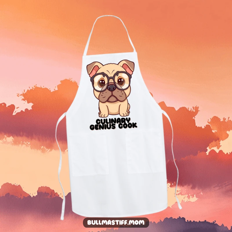 Funny Bullmastiff character with oversized spectacles, looking thoughtful, on a practical apron for cooks.