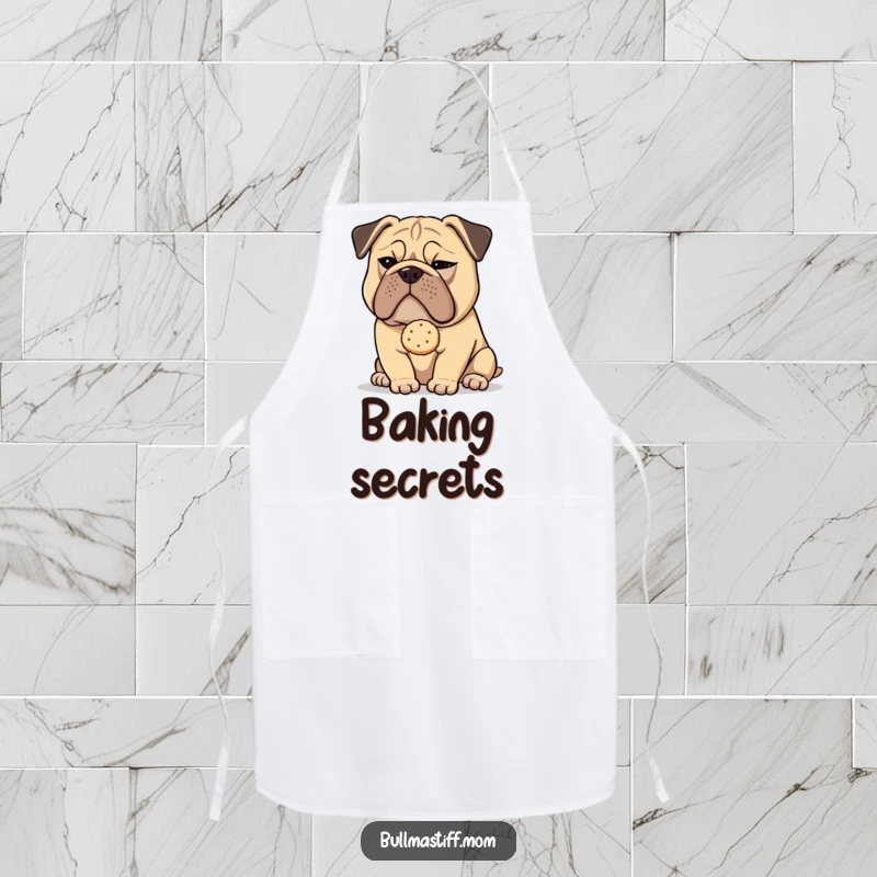 Funny Bullmastiff dog with a sly wink offering a tea biscuit, ready to assist in the kitchen on this apron.
