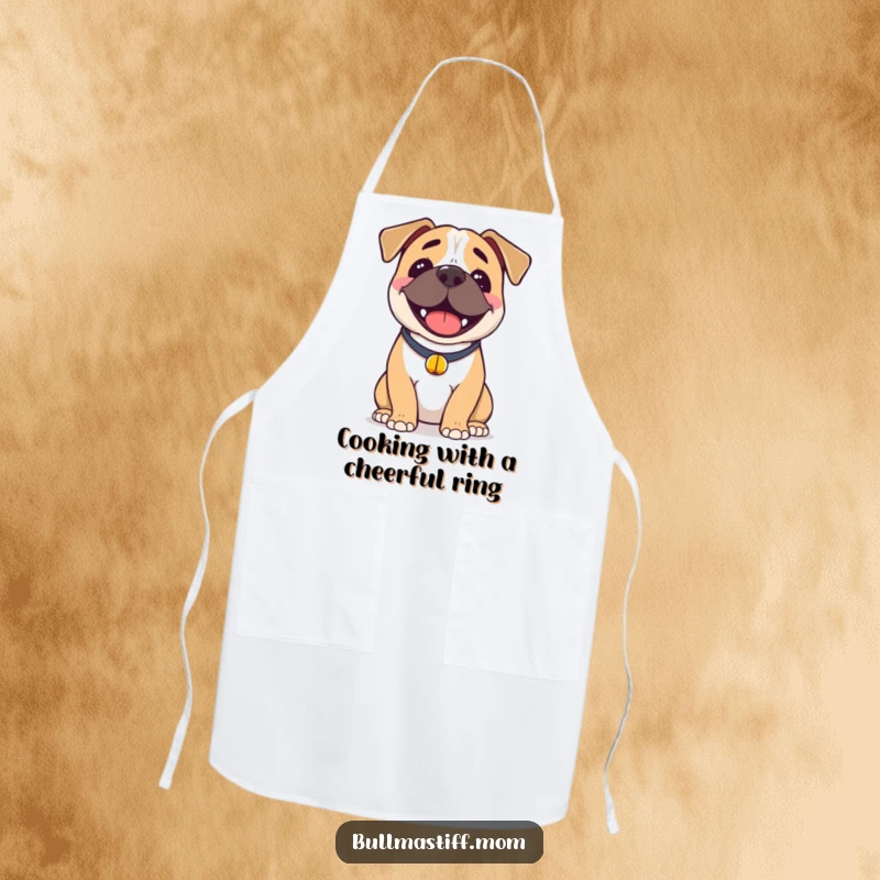 Funny Bullmastiff Apron: A smiling Bullmastiff wearing a bell collar, perfect for a cheerful and humorous cooking experience.