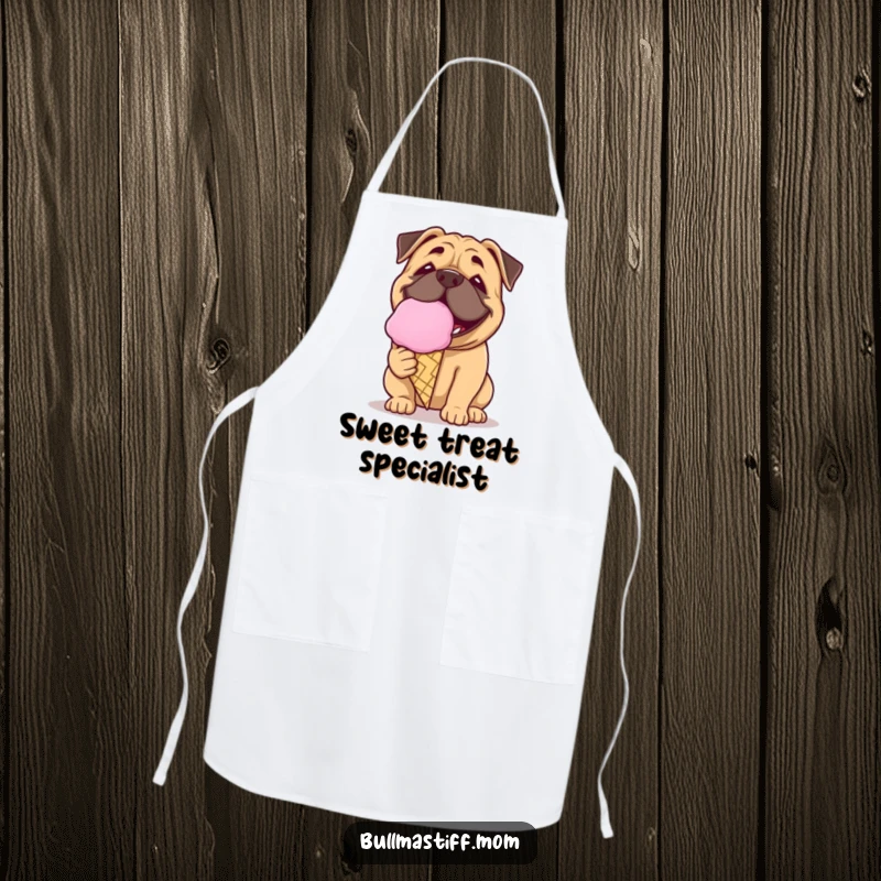 Funny Bullmastiff apron showing a dog with a playful grin licking a giant ice cream cone, sweet kitchenwear.