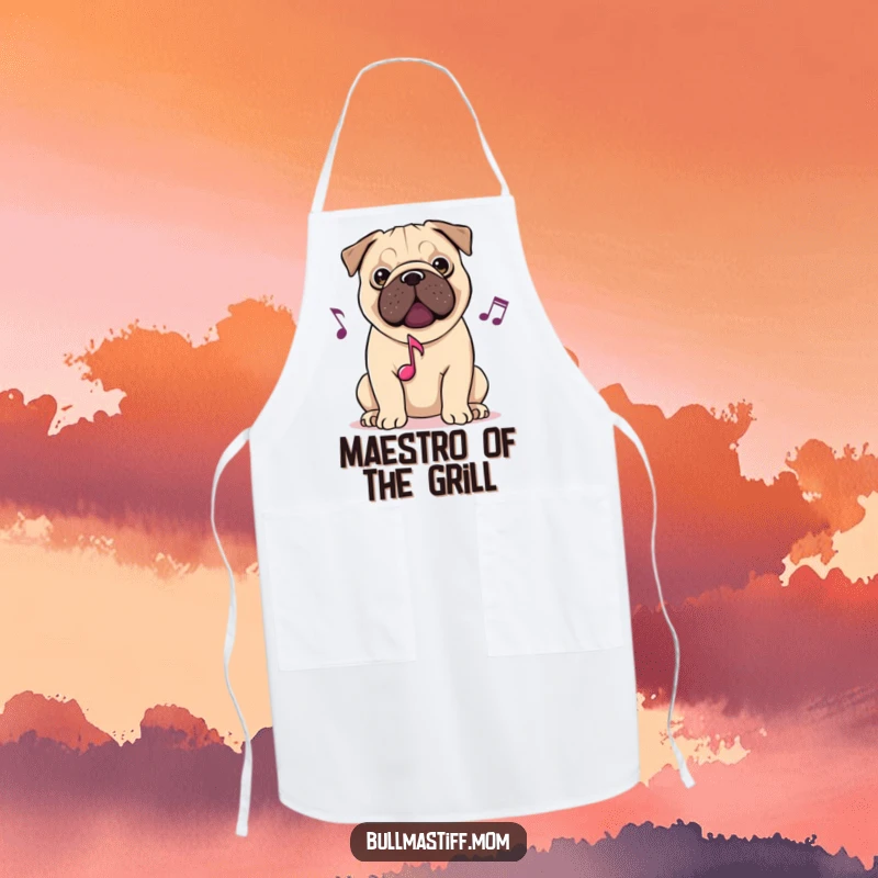 Funny apron showcasing a Bullmastiff with musical notes, enjoying a melody while cooking, combining culinary fun with canine rhythm.