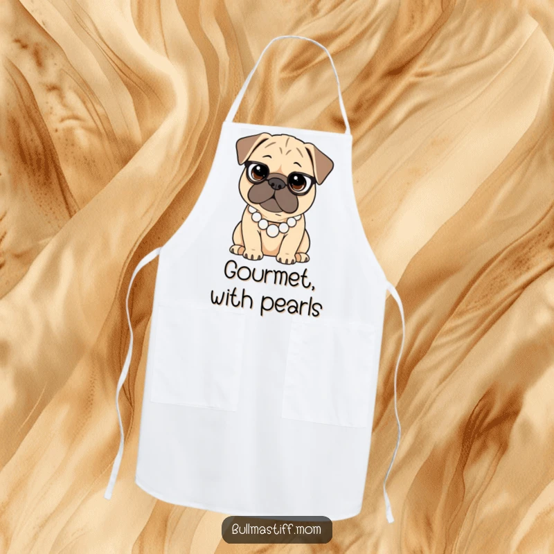 Funny Bullmastiff apron depicting a dog wearing a pearl necklace, perfect for a chic and humorous cooking experience.