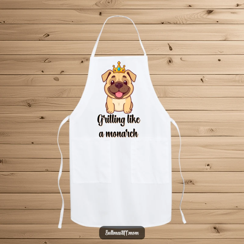 Funny Bullmastiff Apron: A bullmastiff wearing a crown waves like a royal, ideal for chefs.