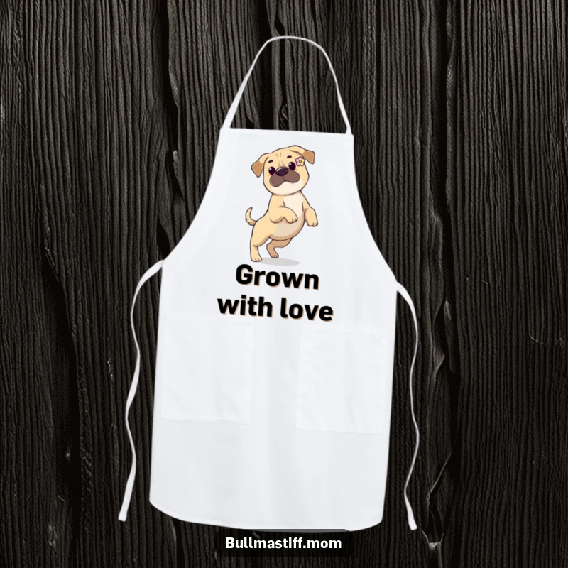 Funny Bullmastiff apron featuring a dog with a flower in its ear, prancing gracefully, perfect for kitchen duties and dog lovers.