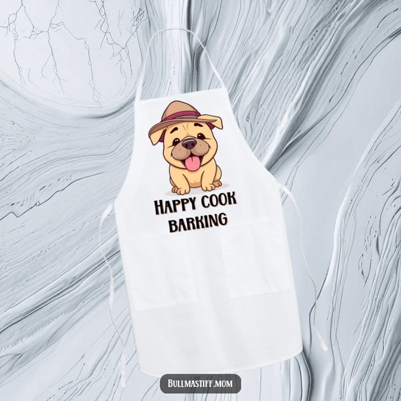 Funny Bullmastiff Apron depicting a happy dog in a silly hat, joyfully barking, perfect for humorous kitchen tasks.