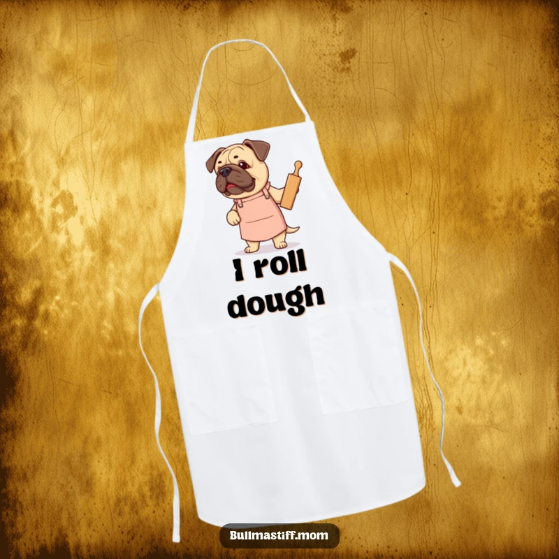 Funny Bullmastiff apron showing a dog wearing a cute apron and proudly holding a rolling pin, kitchen humor.