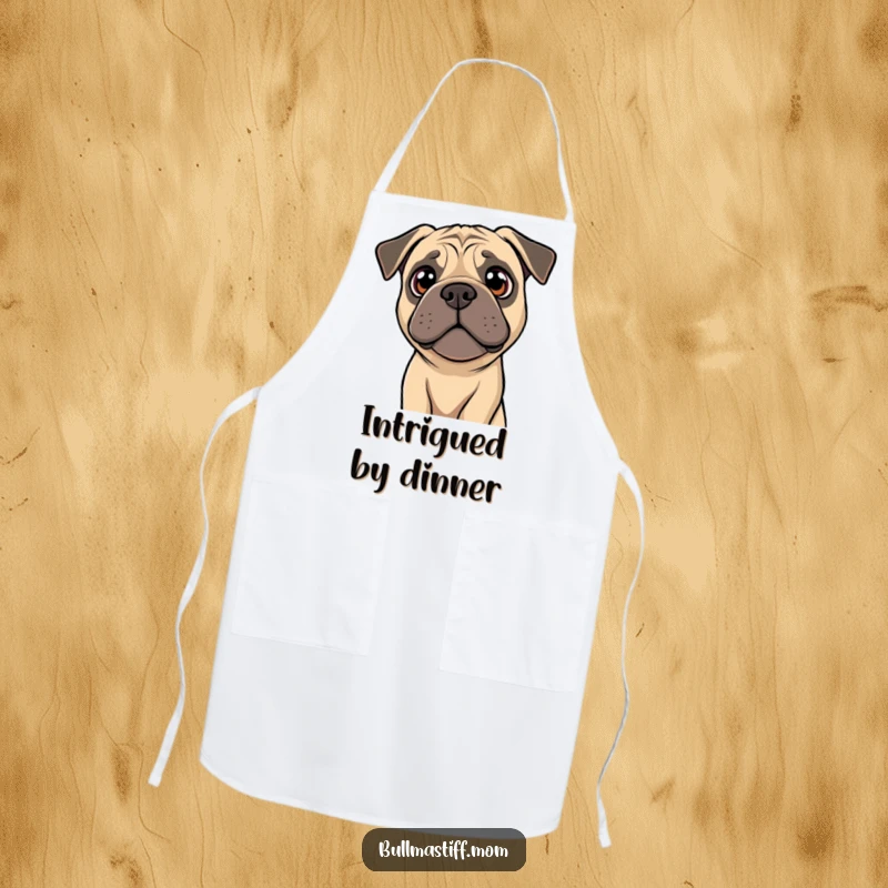 Funny Bullmastiff apron depicting a dog tilting its head with bright, curious eyes, perfect for the curious cook.