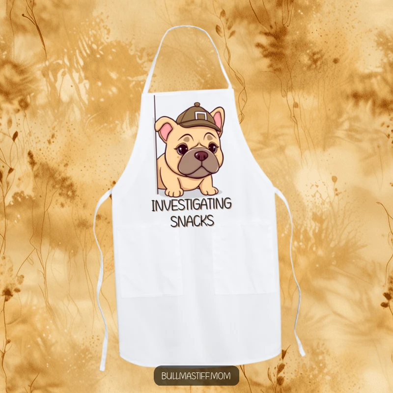 Funny Bullmastiff detective apron, a dog in a tiny hat investigating the kitchen, ideal for cooking and baking fun.