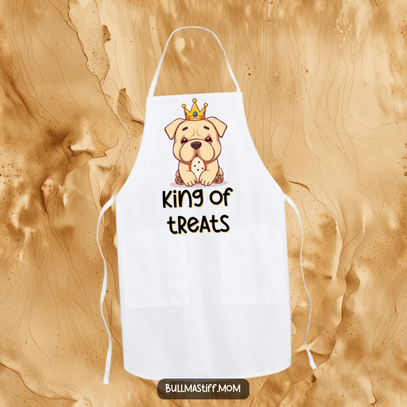 Funny Bullmastiff in a tiny crown, enjoying a treat, a humorous apron for the pampered chef.