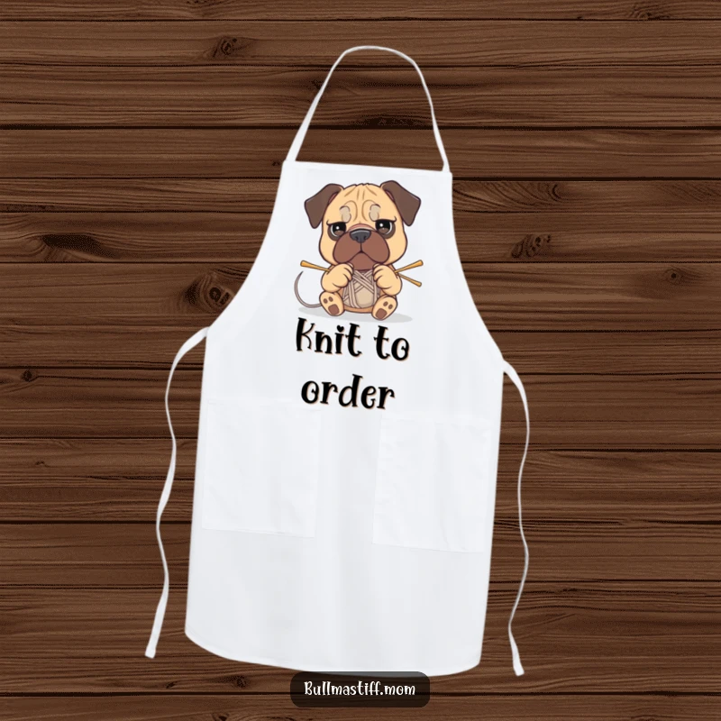 Funny Bullmastiff apron showing a determined dog attempting to knit with yarn and needles, a humorous kitchen accessory.