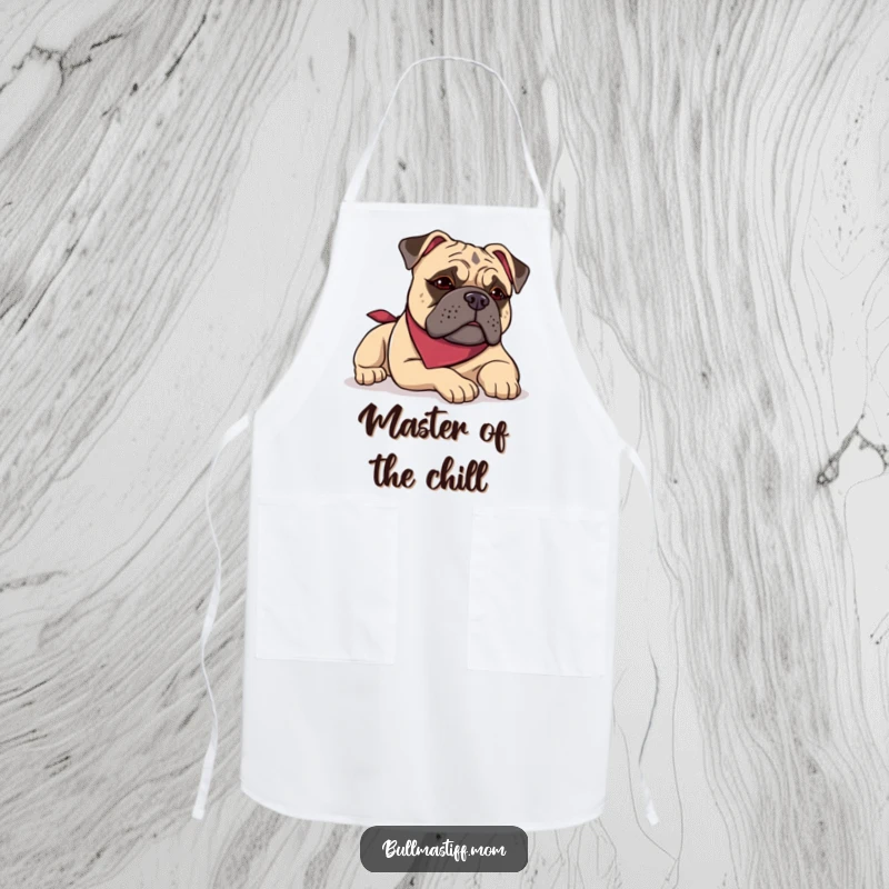 Funny Bullmastiff apron showing a dog in a bandana lounging with a satisfied sigh, humorous kitchenwear for dog lovers.