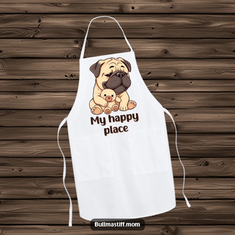 Funny Bullmastiff apron depicting a content dog holding a plush toy, perfect for a cheerful cooking experience.