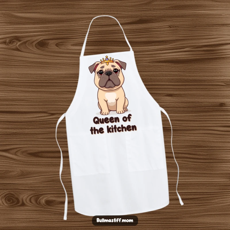 Funny Bullmastiff Apron: A regal Bullmastiff wearing a tiara, perfect for a humorous and majestic cooking accessory.