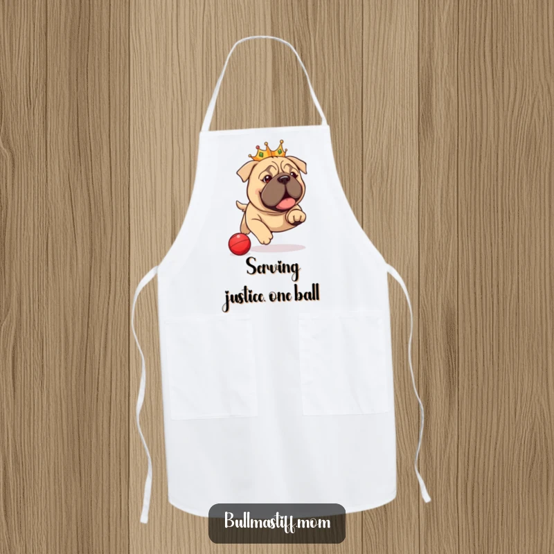 Funny Bullmastiff Apron: A majestic dog wearing a crown, playfully chasing a red ball, perfect for kitchen humor.