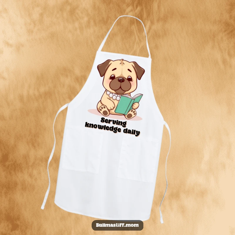 Funny Bullmastiff Apron: A bullmastiff in pearls reads a cookbook, adding humor to the kitchen.