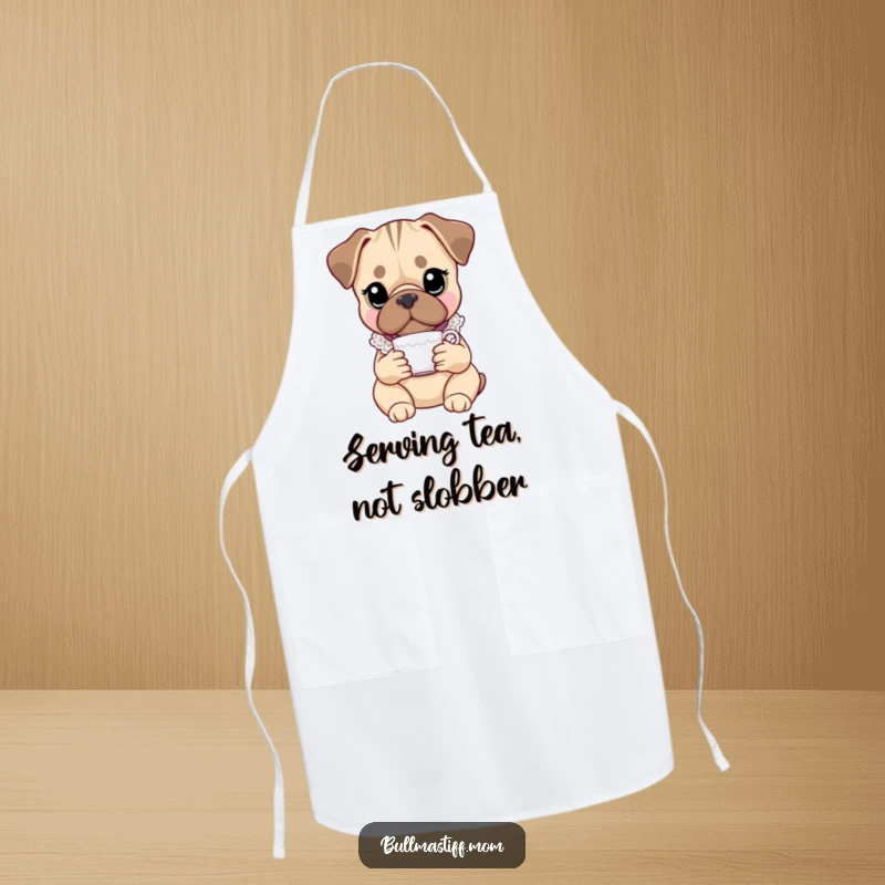 Funny Bullmastiff apron featuring a distinguished dog in a lace collar, holding a teacup, perfect for kitchen coziness and humor.