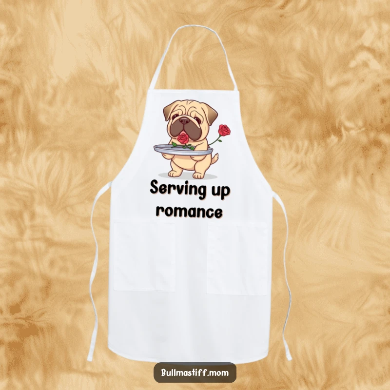 Funny Bullmastiff apron with a dog carefully carrying a tray with a single rose, perfect for delivering kindness.