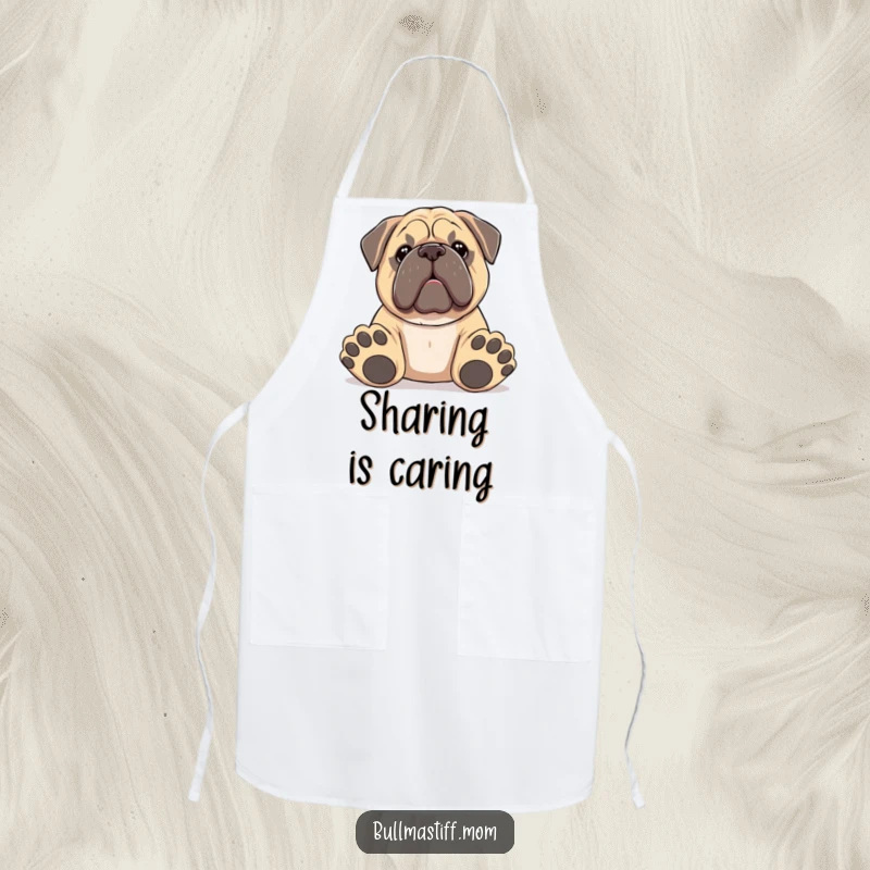 Funny Bullmastiff apron showing a dog with big paws offering a toy, perfect for playful cooks and dog fans.