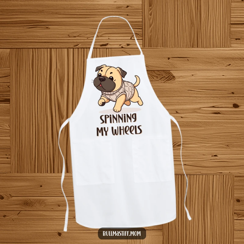 Funny Bullmastiff apron showing a dog in a sweater playfully chasing its tail, ideal for kitchen activities.