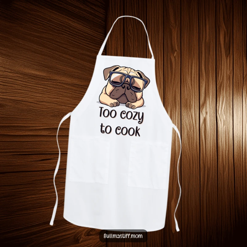 Funny Bullmastiff apron showing a dog wearing large glasses, napping peacefully, a humorous addition to any kitchen.