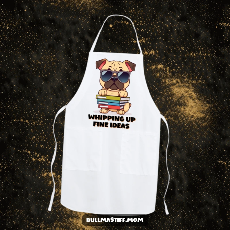 Funny Bullmastiff Apron: A dog wearing sunglasses and balancing books, perfect for a smart and humorous cooking experience.