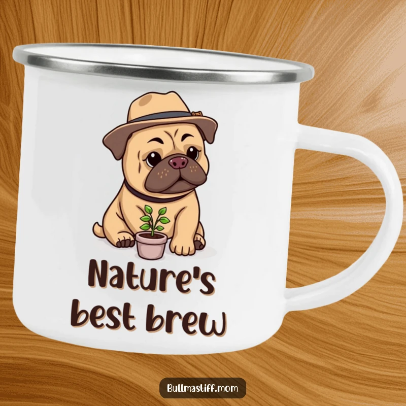 Funny Bullmastiff Gardener Camping Mug: A Bullmastiff in a hat tends a small plant, ideal for rugged adventures and humor.