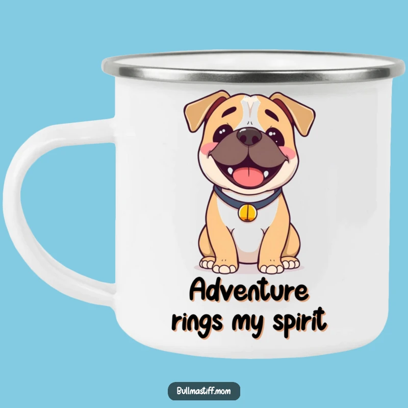 Funny Happy Bullmastiff Camping Mug: Joyful Dog with Bell, Outdoor Funny Gift