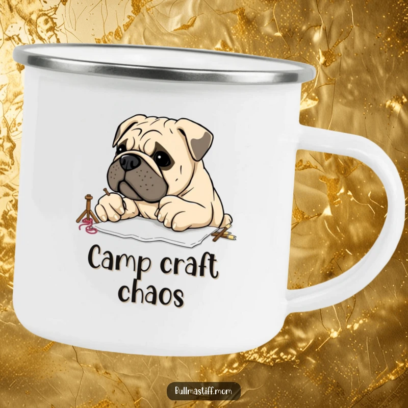 Funny Bullmastiff with large, clumsy paws attempting embroidery, shown on a sturdy camping mug, perfect for humorous outdoor crafting.