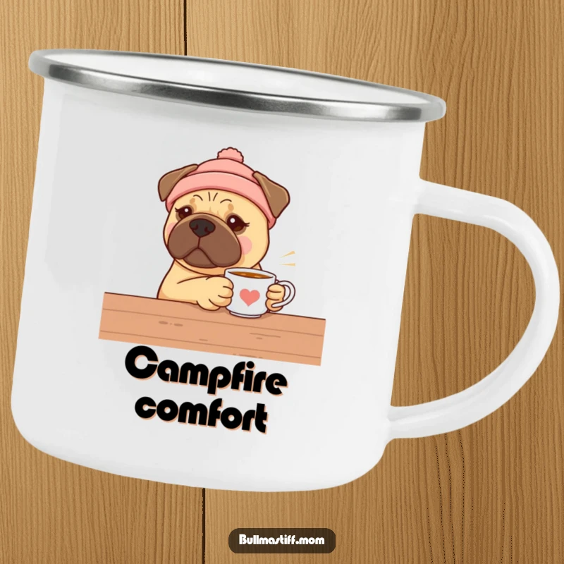 Funny Bullmastiff camping mug, a dog in a warm hat offering tea, great for outdoor enthusiasts and tea lovers.