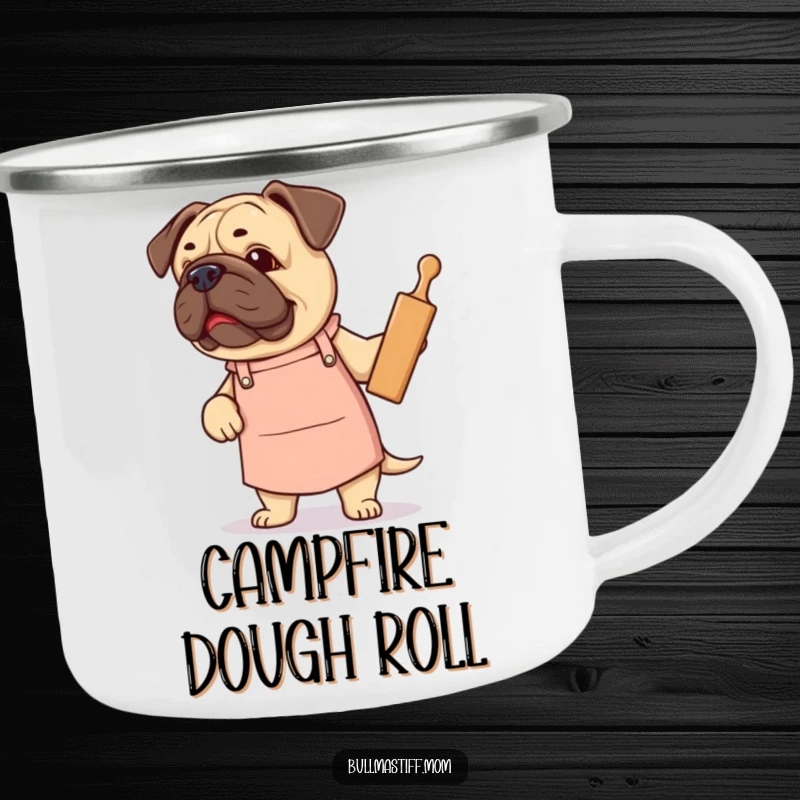 Funny Bullmastiff camping mug showing a dog in an apron holding a rolling pin, outdoor baking theme.