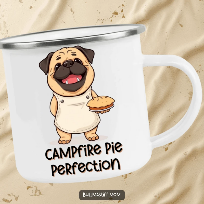 Funny Bullmastiff camping mug featuring a happy dog in an apron, proudly holding a baked pie, perfect for rugged use.