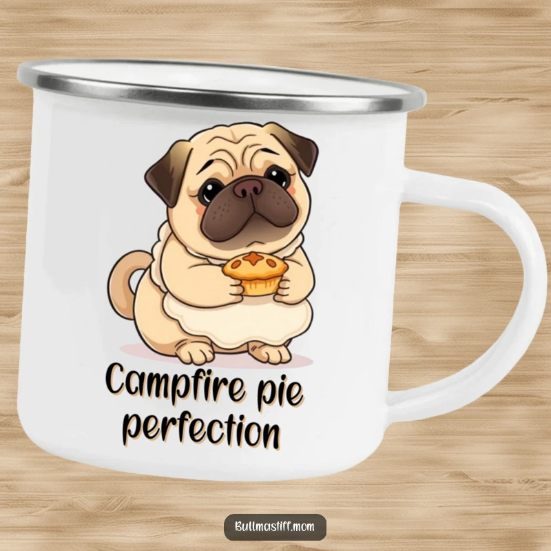 Funny Bullmastiff camping mug with a dog in a fluffy apron, gently holding a small pie, perfect for outdoor baking fans.