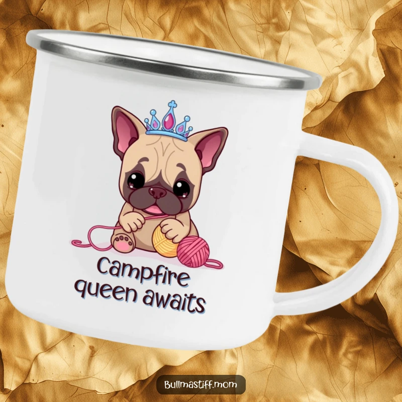 Funny Bullmastiff camping mug featuring a dog in a tiara, playing with yarn, perfect for outdoor adventures and dog enthusiasts.