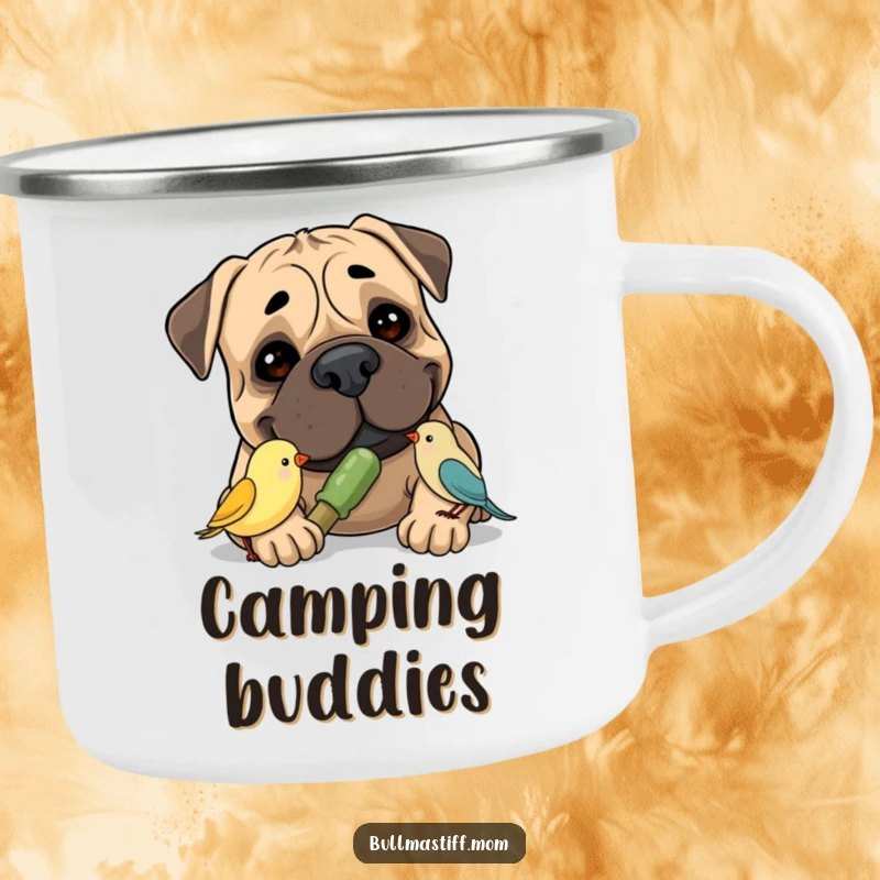 Funny Bullmastiff Camping Mug with a smiling Bullmastiff sharing a chew toy with a tiny bird, a humorous and durable cup.