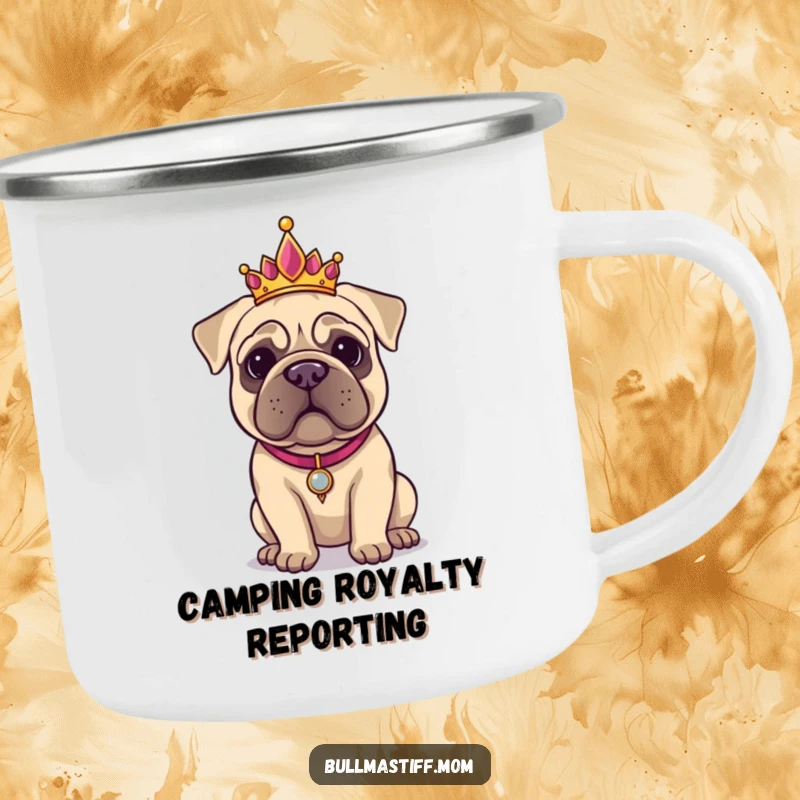 Funny Bullmastiff wearing a tiara, posing regally on a durable camping mug for outdoor enjoyment.