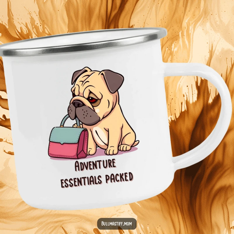 Funny Bullmastiff Handbag Camping Mug: A Bullmastiff with a dainty handbag looks thoughtfully inside, perfect for outdoor humor.