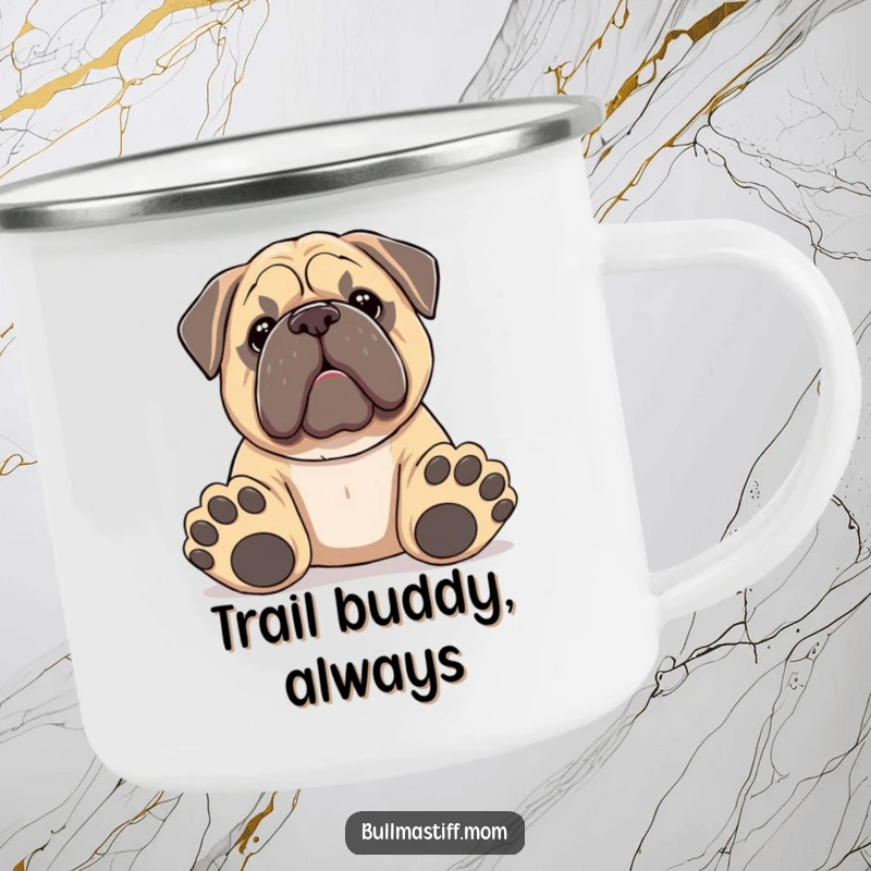 Funny Bullmastiff camping mug featuring a dog with big paws offering a toy, perfect for outdoor enthusiasts.
